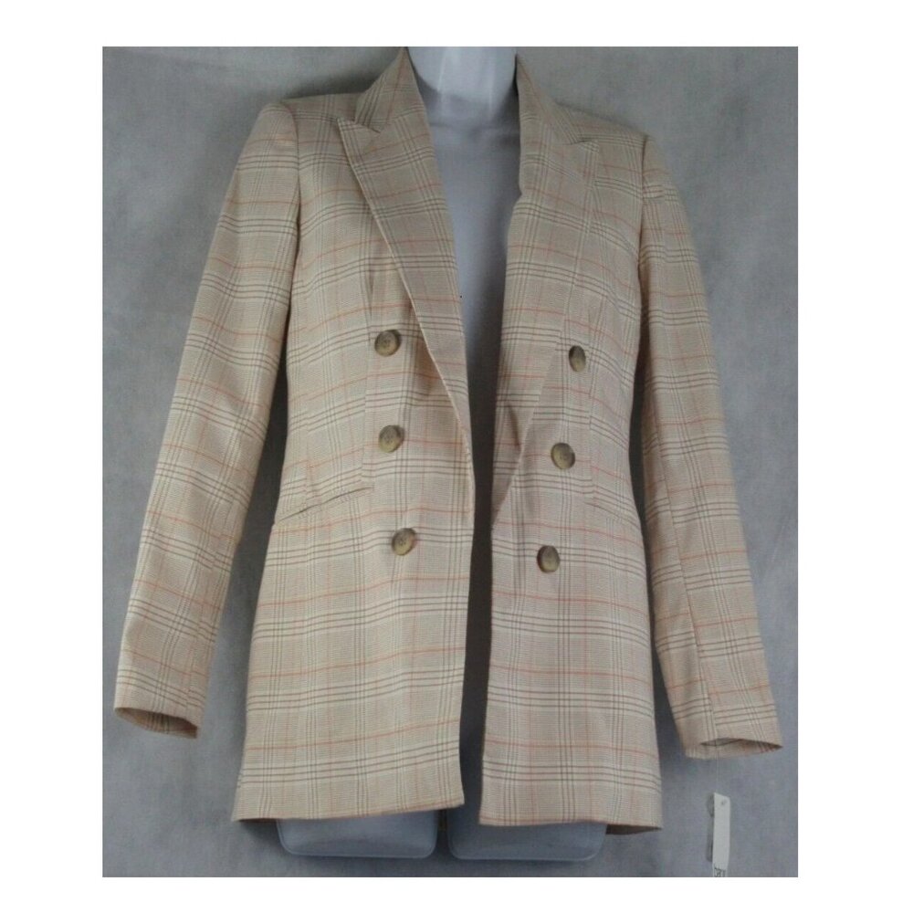 Bar III Women's Faux Double Breasted Open-Front Blazer, Beige Multi Plaid, XS